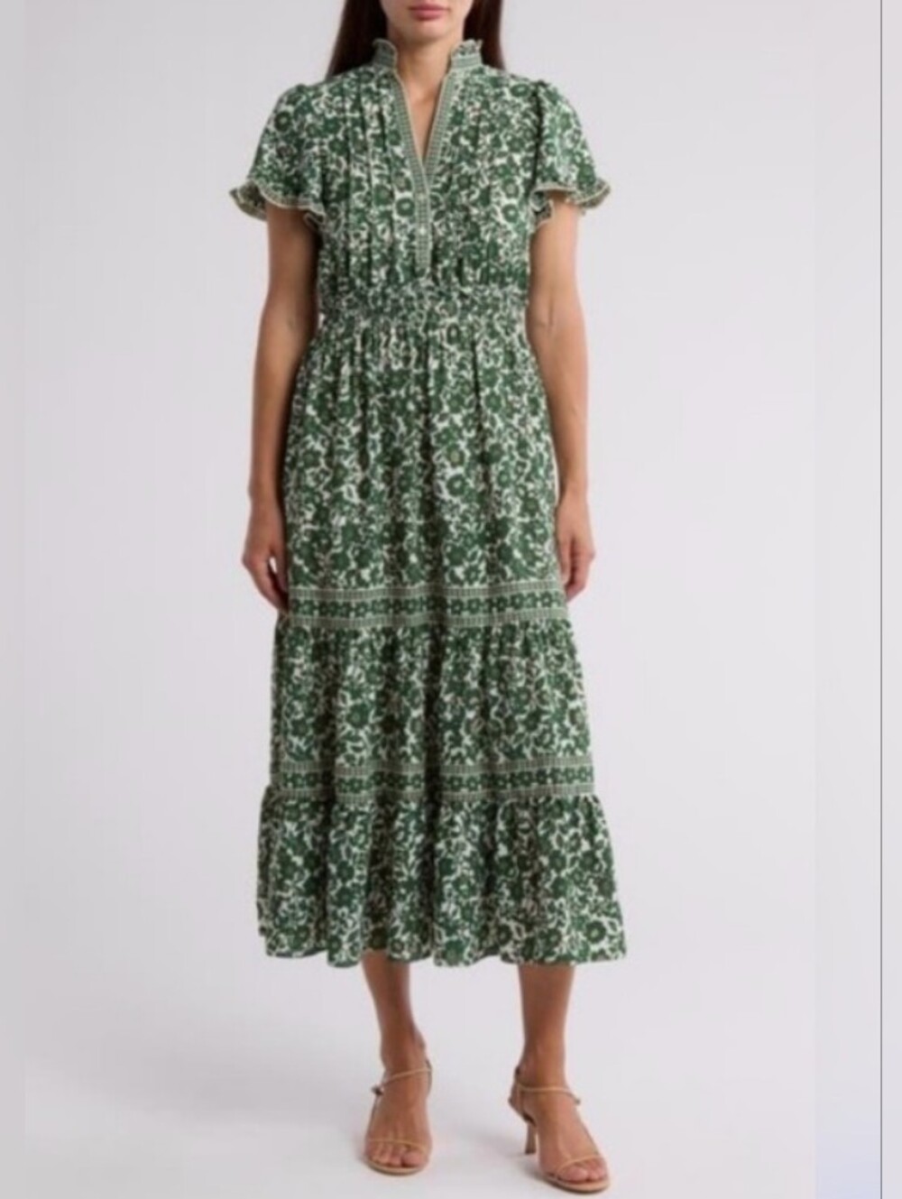 Max Studio smocked flutter sleeve maxi dress size M